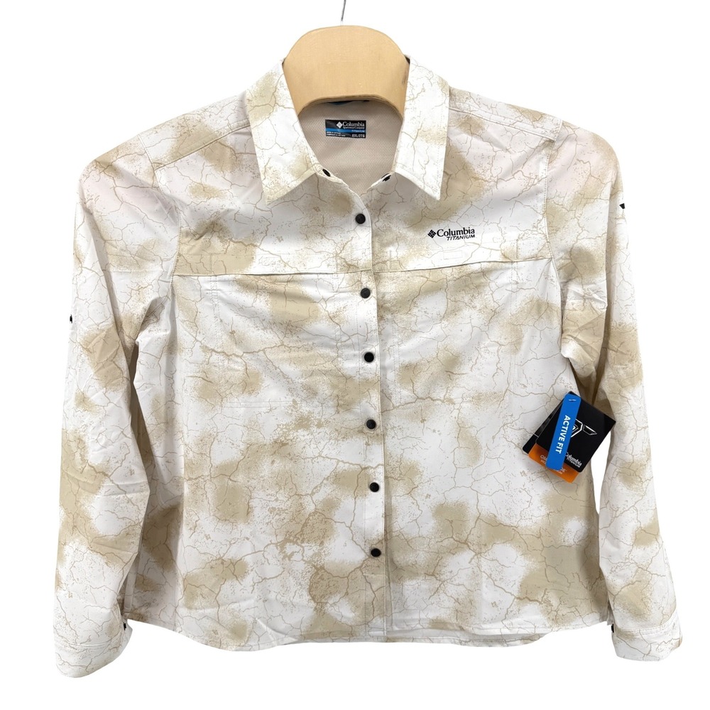 NEW Columbia Titanium Shirt Womens XXL Long Sleeve White Tan Crackle Omni-Shade